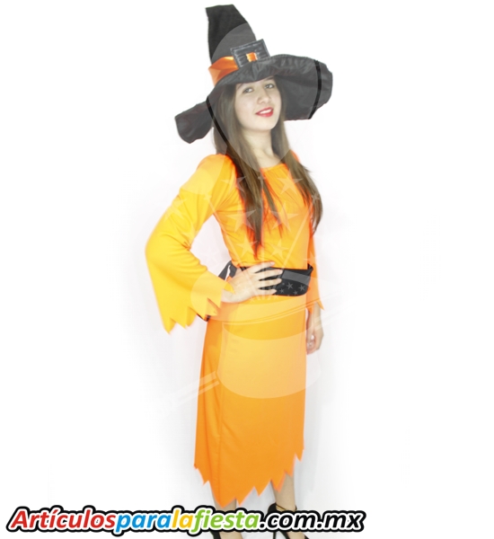 Disfraz para adulto para halloween de bruja naranja con cinturónO